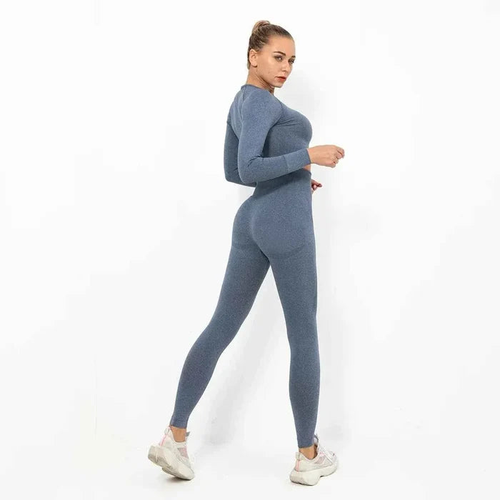 Women Seamless Long Sleeve Top And Leggings Set Yoga Workout Suit - Allen-Fitness