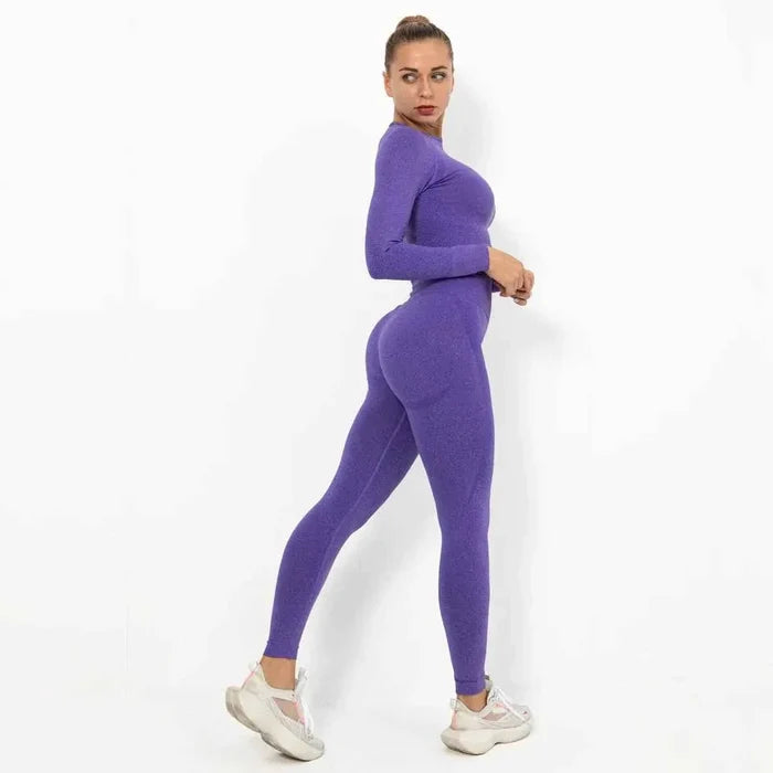 Women Seamless Long Sleeve Top And Leggings Set Yoga Workout Suit - Allen-Fitness