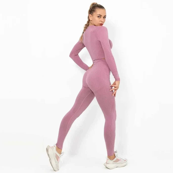 Women Seamless Long Sleeve Top And Leggings Set Yoga Workout Suit - Allen-Fitness