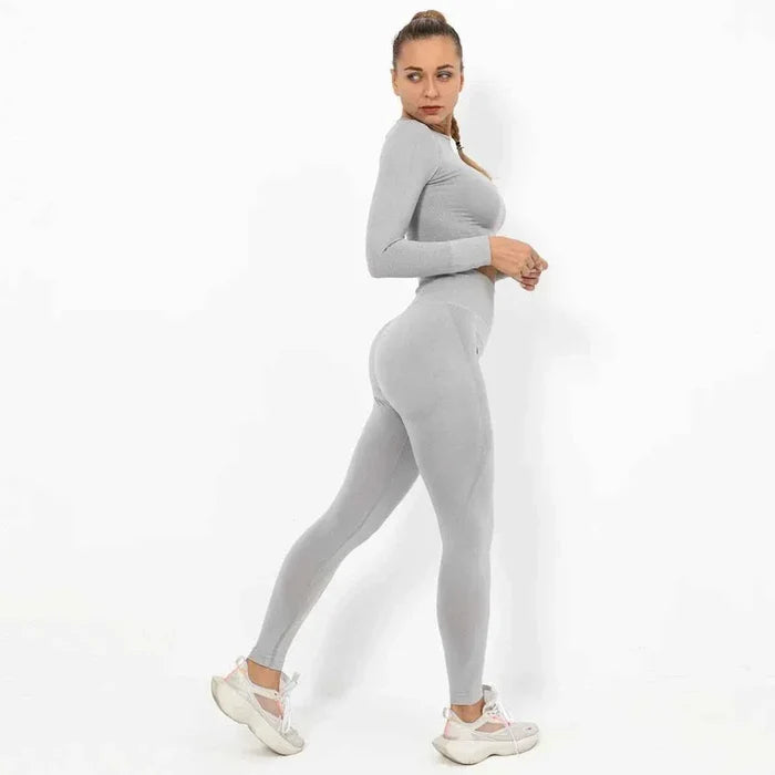 Women Seamless Long Sleeve Top And Leggings Set Yoga Workout Suit - Allen-Fitness