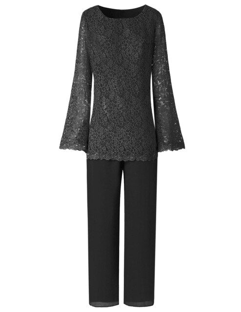 Women Two Pieces Elegant Lace Chiffon Mother of the Bride Dress Pant Suits with Long Sleeves Outfit Jacket