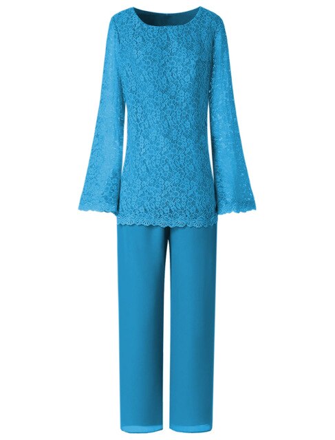 Women Two Pieces Elegant Lace Chiffon Mother of the Bride Dress Pant Suits with Long Sleeves Outfit Jacket