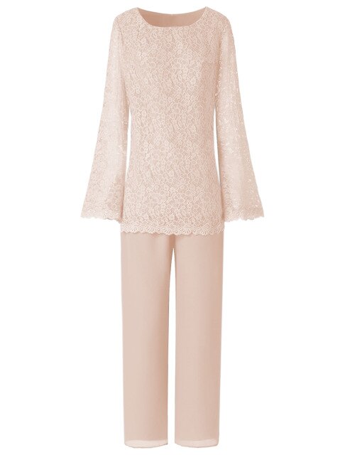 Women Two Pieces Elegant Lace Chiffon Mother of the Bride Dress Pant Suits with Long Sleeves Outfit Jacket