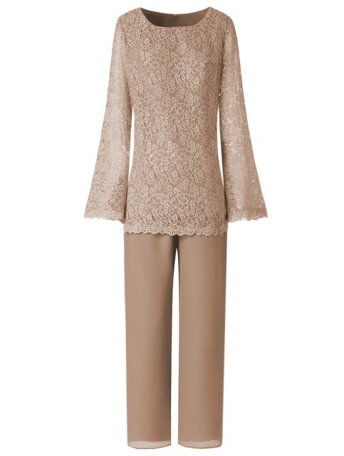 Women Two Pieces Elegant Lace Chiffon Mother of the Bride Dress Pant Suits with Long Sleeves Outfit Jacket