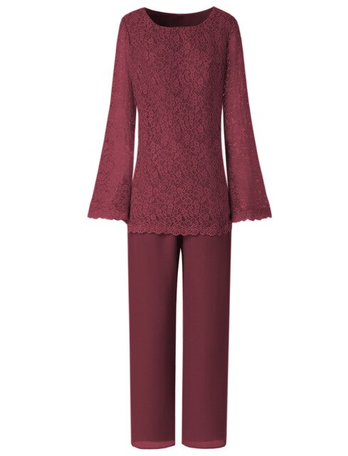 Women Two Pieces Elegant Lace Chiffon Mother of the Bride Dress Pant Suits with Long Sleeves Outfit Jacket