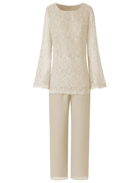 Women Two Pieces Elegant Lace Chiffon Mother of the Bride Dress Pant Suits with Long Sleeves Outfit Jacket