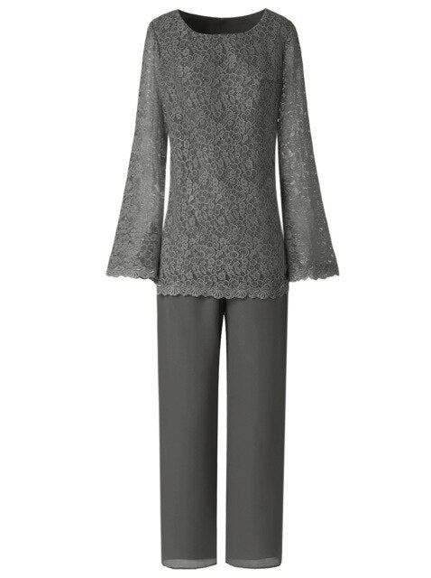 Women Two Pieces Elegant Lace Chiffon Mother of the Bride Dress Pant Suits with Long Sleeves Outfit Jacket