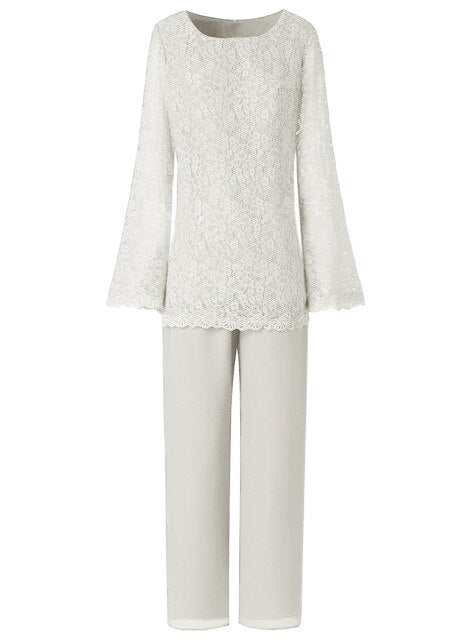 Women Two Pieces Elegant Lace Chiffon Mother of the Bride Dress Pant Suits with Long Sleeves Outfit Jacket