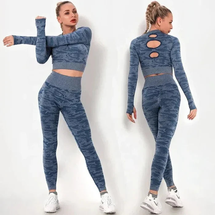 Women workout Long sleeve clothes high waist sport woman fitness and seamless printed yoga gym wear Leggings sets