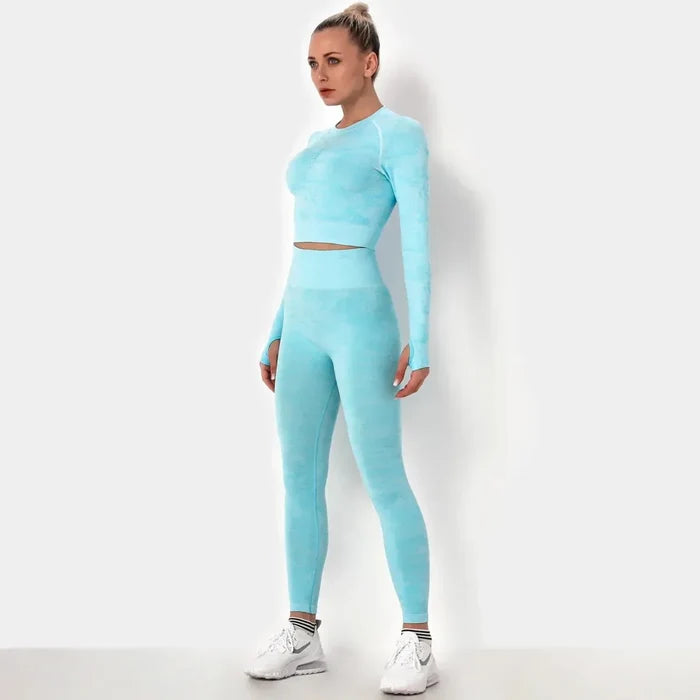 Women workout Long sleeve clothes high waist sport woman fitness and seamless printed yoga gym wear Leggings sets