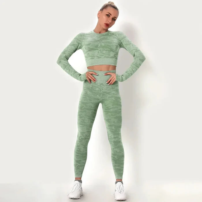 Women workout Long sleeve clothes high waist sport woman fitness and seamless printed yoga gym wear Leggings sets
