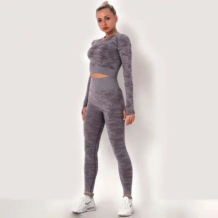 Women workout Long sleeve clothes high waist sport woman fitness and seamless printed yoga gym wear Leggings sets