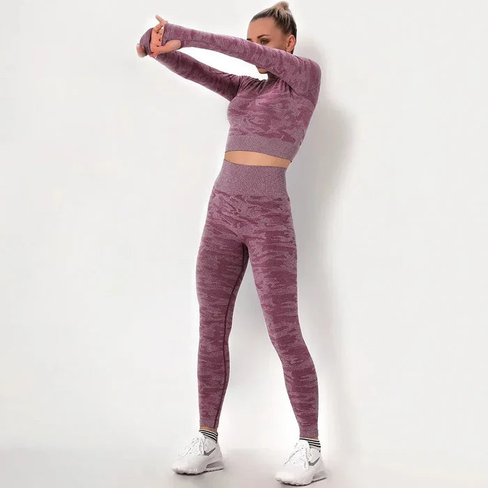 Women workout Long sleeve clothes high waist sport woman fitness and seamless printed yoga gym wear Leggings sets