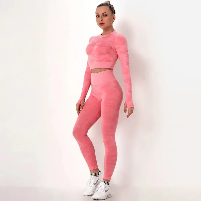Women workout Long sleeve clothes high waist sport woman fitness and seamless printed yoga gym wear Leggings sets
