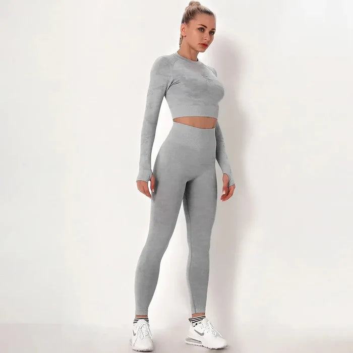 Women workout Long sleeve clothes high waist sport woman fitness and seamless printed yoga gym wear Leggings sets
