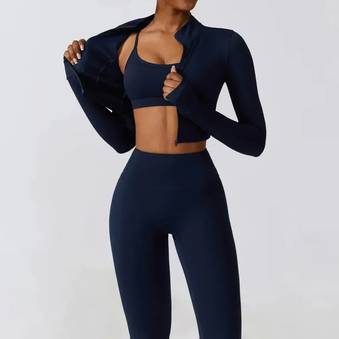 Women Workout Sets: Zip-Up Crop Jacket, High Waist Yoga Leggings & Sport Bra - Allen-Fitness