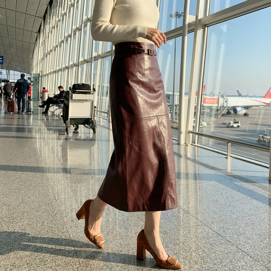 Women's 100% Genuine Sheepskin Leather Skirt – Korean Style Long Slim Fit Hip Skirt with Back Slit, High Waist & Elegant Body-Hugging Design