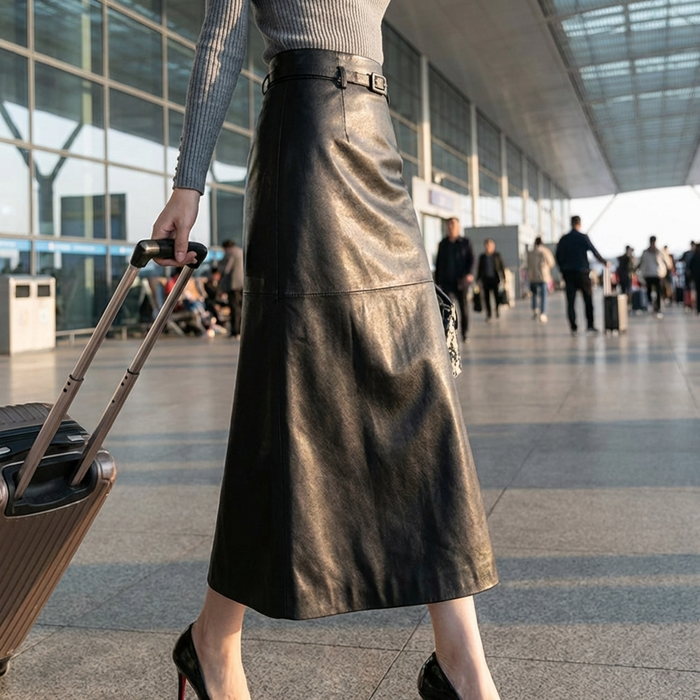 Women's 100% Genuine Sheepskin Leather Skirt – Korean Style Long Slim Fit Hip Skirt with Back Slit, High Waist & Elegant Body-Hugging Design
