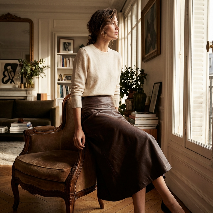 Women's 100% Genuine Sheepskin Leather Skirt – Korean Style Long Slim Fit Hip Skirt with Back Slit, High Waist & Elegant Body-Hugging Design