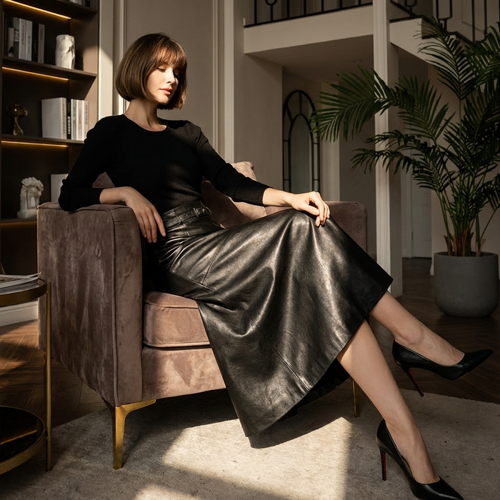 Women's 100% Genuine Sheepskin Leather Skirt – Korean Style Long Slim Fit Hip Skirt with Back Slit, High Waist & Elegant Body-Hugging Design