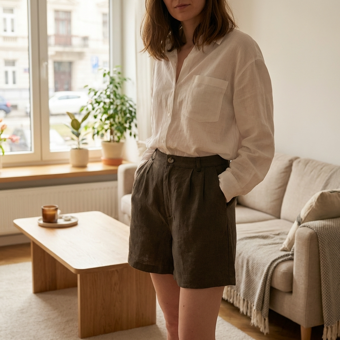 Women's 100% Linen High-Waist Shorts – Breathable Elastic Waist Casual Shorts with Pockets