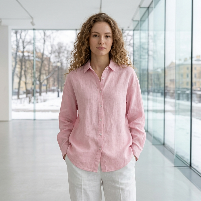 Women's 100% Linen Shirt – Long Sleeve Polo Collar Button-Down