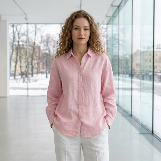 Women's 100% Linen Shirt – Long Sleeve Polo Collar Button-Down