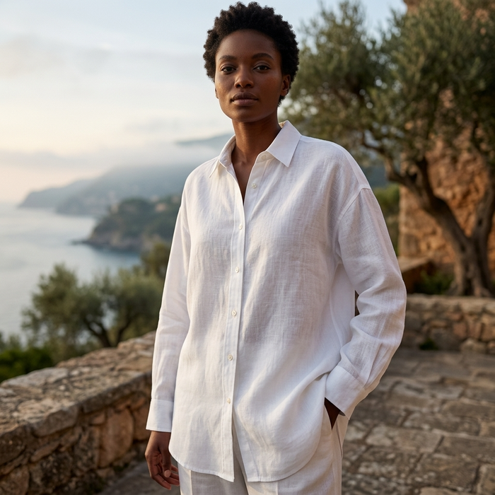 Women's 100% Linen Shirt – Long Sleeve Polo Collar Button-Down