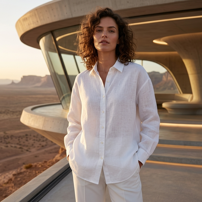 Women's 100% Linen Shirt – Long Sleeve Polo Collar Button-Down