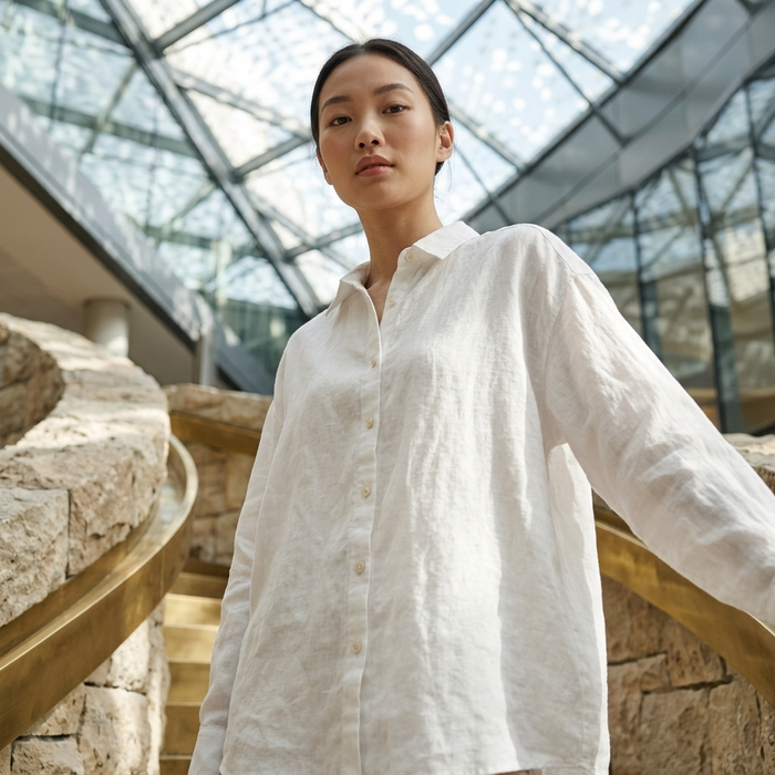Women's 100% Linen Shirt – Long Sleeve Polo Collar Button-Down