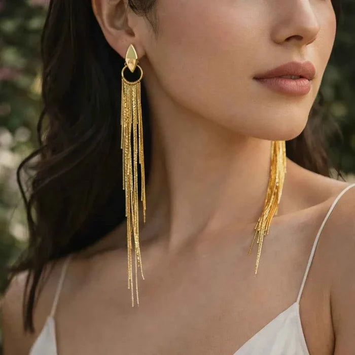 Women's 24K Gold Plated Long Tassel Earrings – Retro Geometric Metal Alloy, 14cm, 925 Silver Needle, 2 Colors