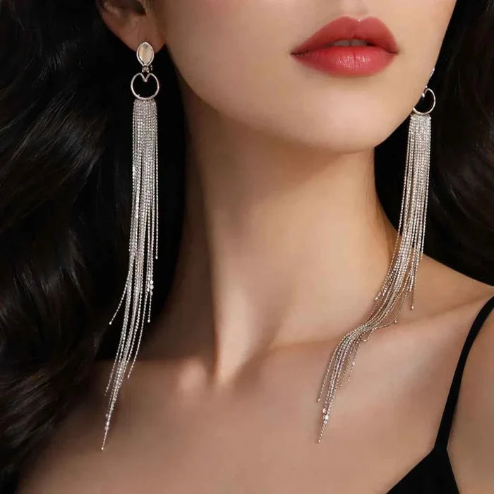 Women's 24K Gold Plated Long Tassel Earrings – Retro Geometric Metal Alloy, 14cm, 925 Silver Needle, 2 Colors