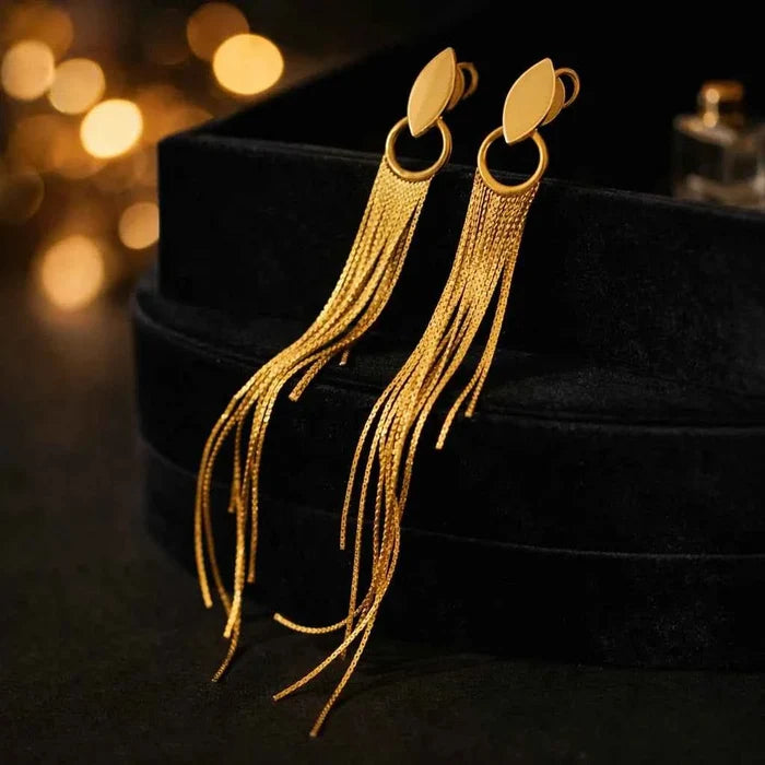 Women's 24K Gold Plated Long Tassel Earrings – Retro Geometric Metal Alloy, 14cm, 925 Silver Needle, 2 Colors