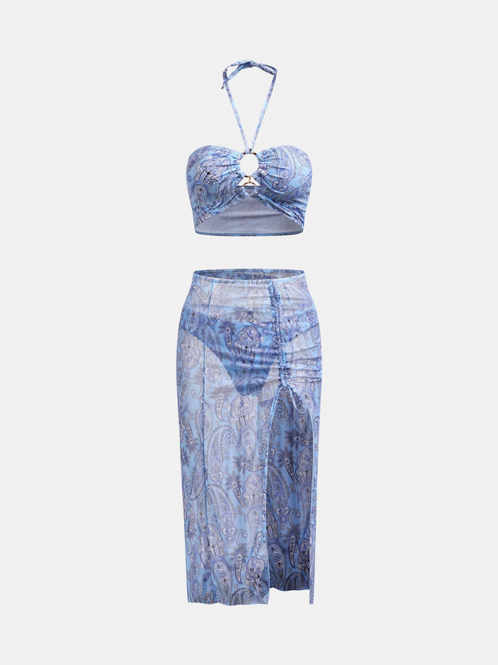 Women's 3-Piece Bikini Set – Gradient Print Swimsuit with Mesh Cover-Up Top, Long Skirt & Padded Bikini Design