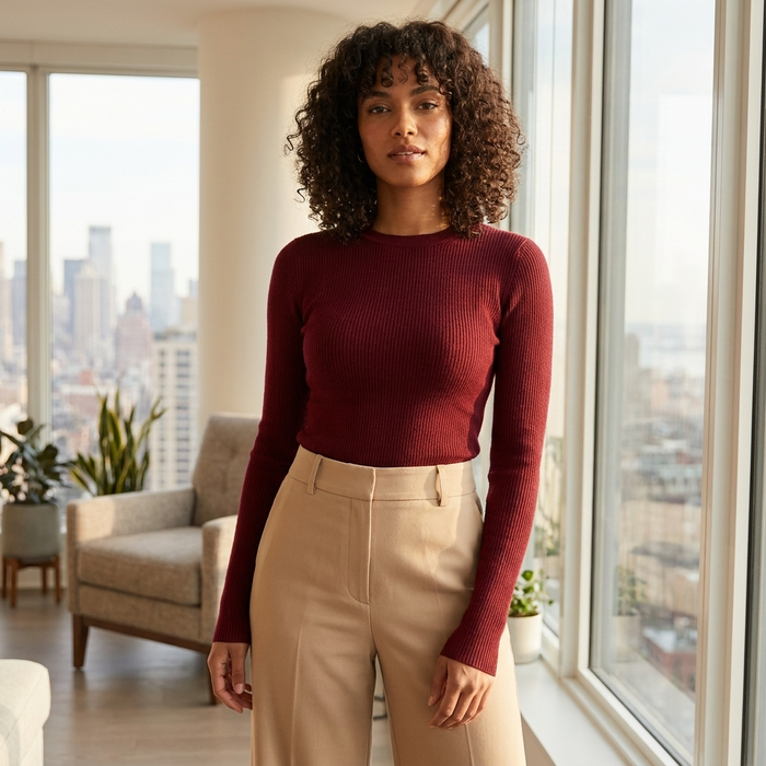 Women's 95% Fine-Spun Wool Slim Fit Sweater – Lightweight Round Neck Long Sleeve Pullover Knit Top
