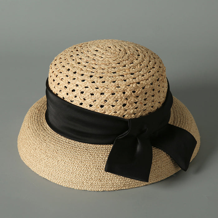 Women's Adjustable Raffia Sun Hat – Wide Brim Hollow Straw Hat with Breathable Design, UV Protection & Elegant French Retro Style