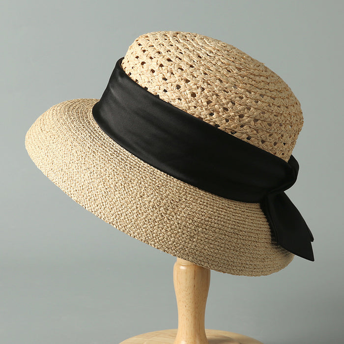 Women's Adjustable Raffia Sun Hat – Wide Brim Hollow Straw Hat with Breathable Design, UV Protection & Elegant French Retro Style
