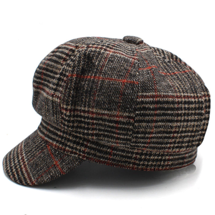 Women's Adjustable Wool Plaid Beret Hat – Classic Tartan Octagonal Painter Cap with Foldable Design