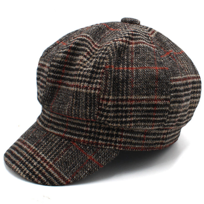 Women's Adjustable Wool Plaid Beret Hat – Classic Tartan Octagonal Painter Cap with Foldable Design