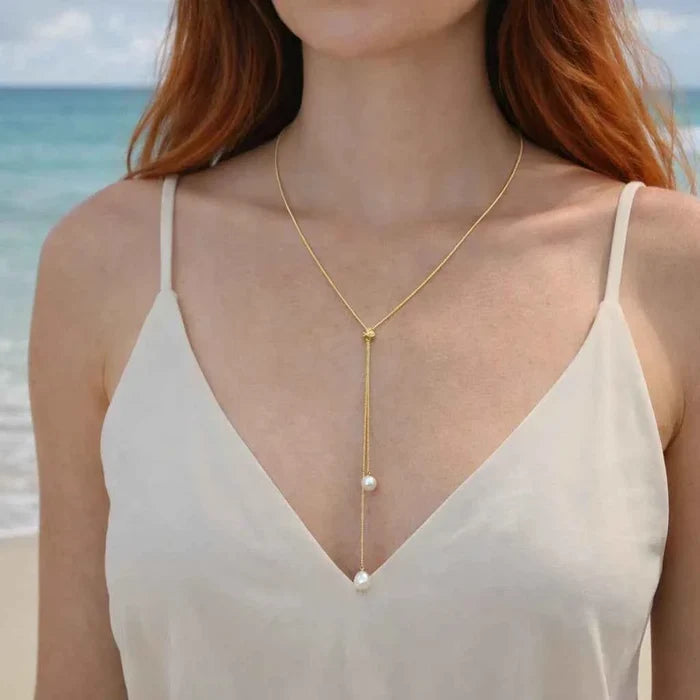 Women's Adjustable Y-Shaped Pearl Pendant Necklace – Korean Fashion Geometric Zinc Alloy Chain, 61–70cm