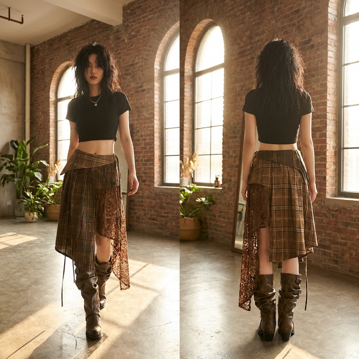 Women's Asymmetrical High Waist A-Line Skirt – Ruffled Midi Skirt with Lace Detail & Slim Fit