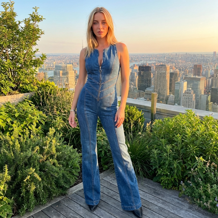 Women's Backless Denim Jumpsuit – Halter Neck High-Waist Zip-Up Slim Fit One-Piece