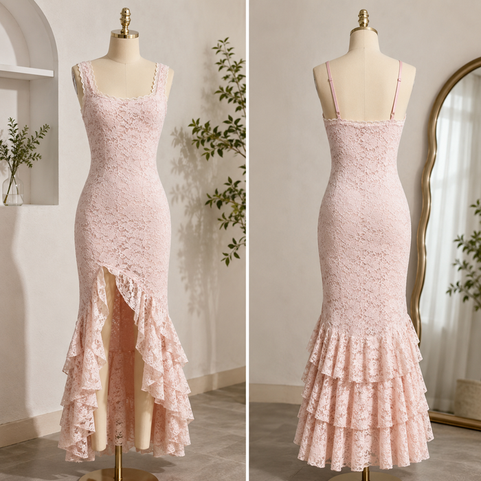 Women's Backless Sling Maxi Dress – Lace Ruffle Irregular Hem Bodycon