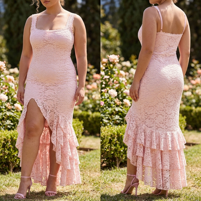 Women's Backless Sling Maxi Dress – Lace Ruffle Irregular Hem Bodycon