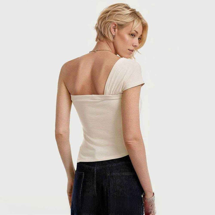 Women’s Beige Apricot Off-Shoulder Sleeveless Slim T-Shirt