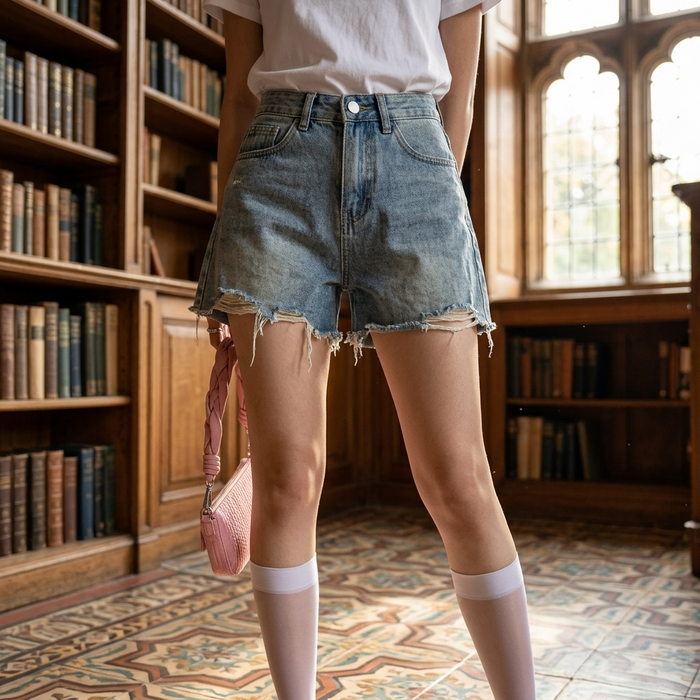 Women's Blue Denim Shorts – High Waist Wide Leg Frayed Hem