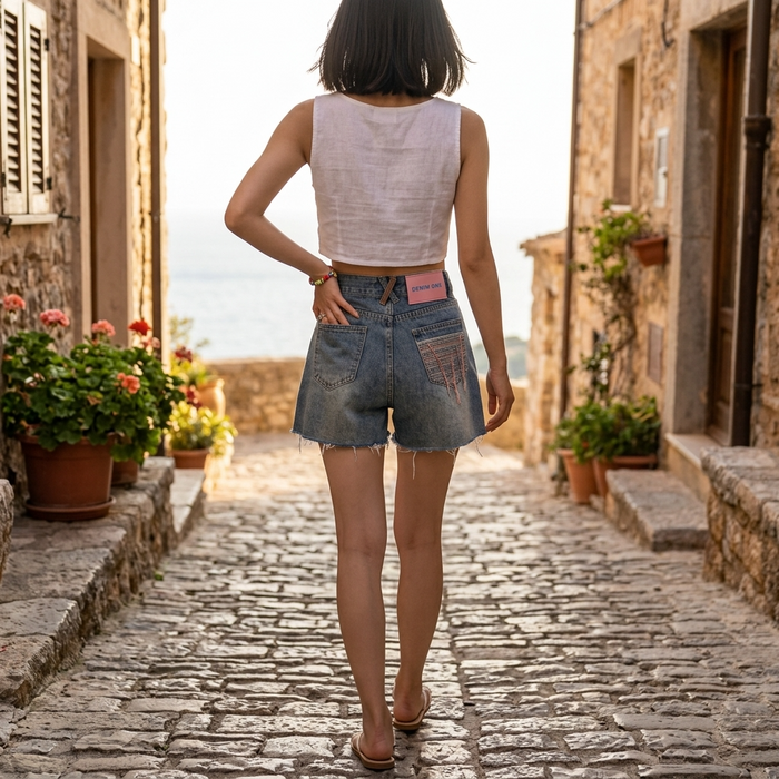 Women's Blue Denim Shorts – High Waist Wide Leg Frayed Hem