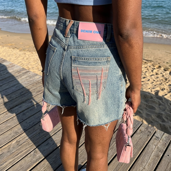 Women's Blue Denim Shorts – High Waist Wide Leg Frayed Hem
