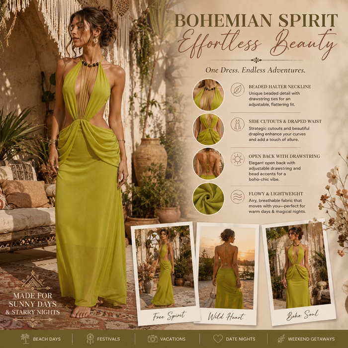 Women's Bohemian Halter Neck Beaded Drawstring Dress