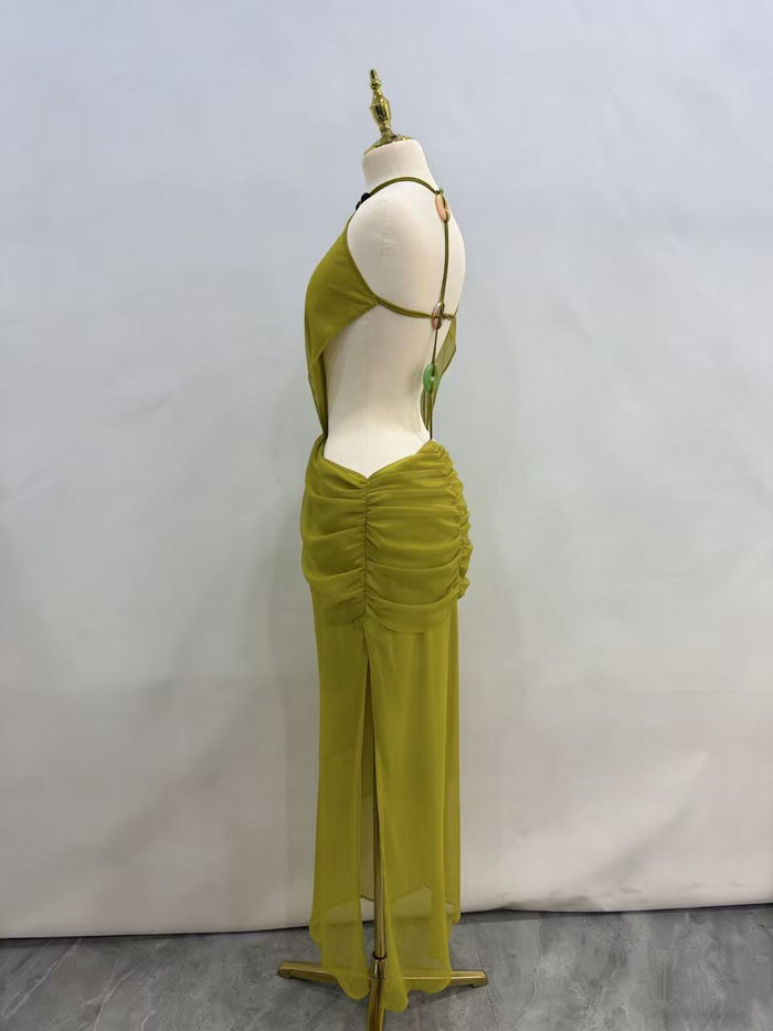 Women's Bohemian Halter Neck Beaded Drawstring Dress